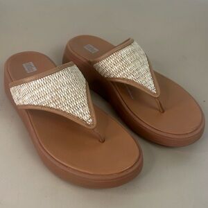 FitFlop Womens F-Mode Woven Flatform Raffia & Leather Caramel Beige Sandals SZ 9